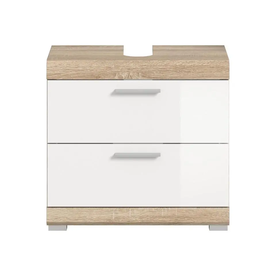 Hioshop Lambada wastafel 2 deuren- 2 lades- 2 planken wit hoogglans- eiken