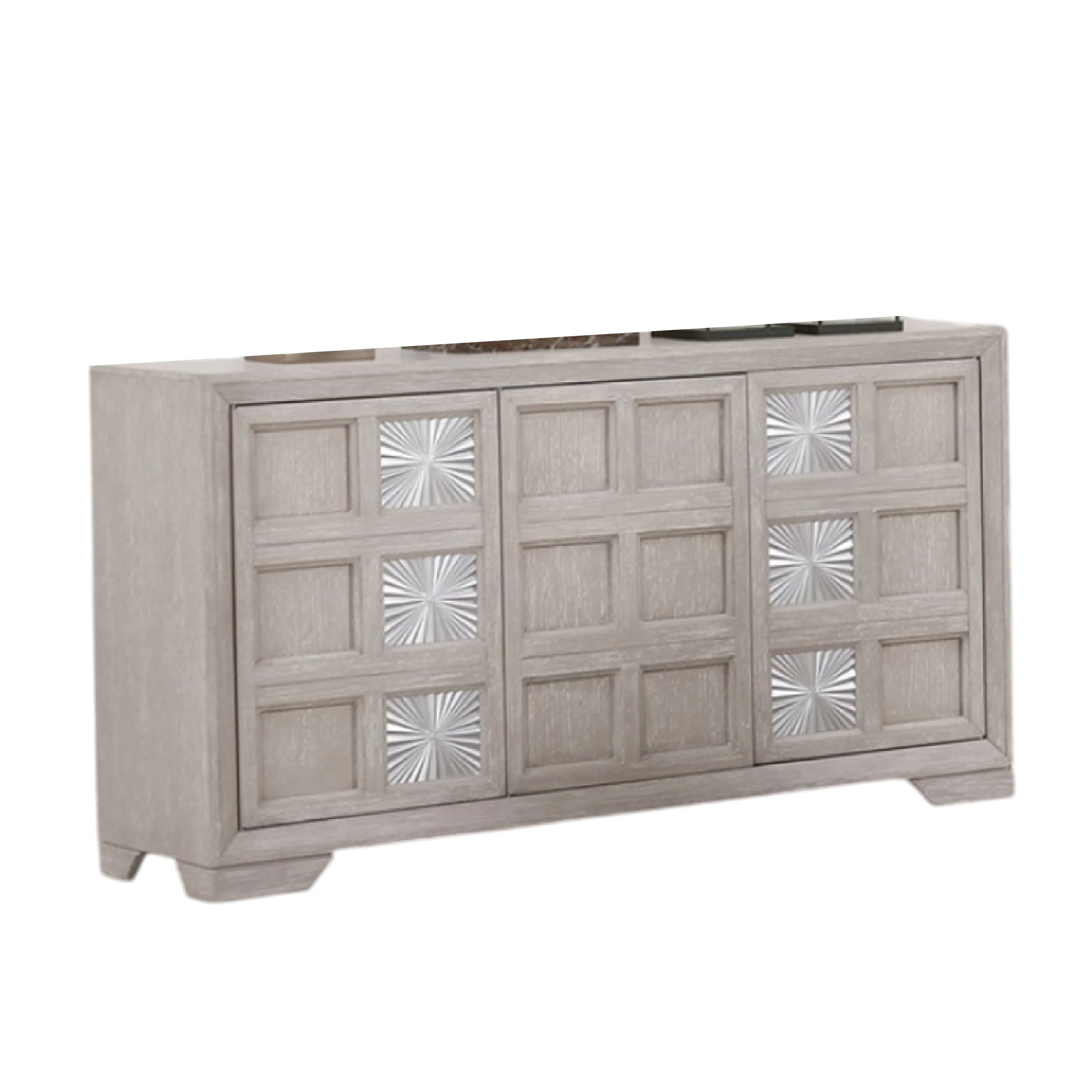 Diaz Sideboard Buffet Console, 3 Doors, Sunburst Pattern, Light Gray