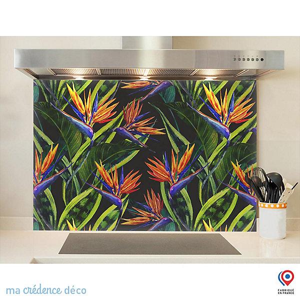 Crédence cuisine fond de hotte feuilles et fleurs tropicales 2 - Verre trempé - L 90 cm x H 60 cm - MaCrédenceDéco
