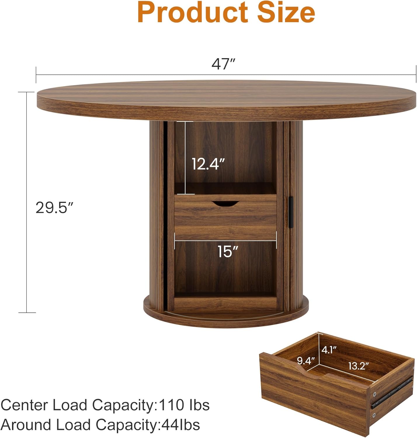Garvee 47 Inch Round Dining Table for 4, Kitchen Table with 2-Layer Storage Shelf and a Drawer, Farmhouse Circle Dinner Table for Dining Room, Kitchen, Living Room (Table Only), Walnut