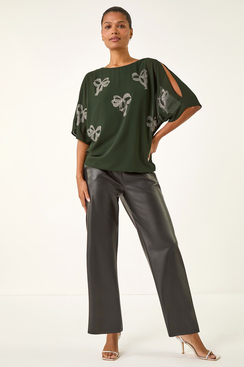 Roman Bow Embellished Cold Shoulder Top