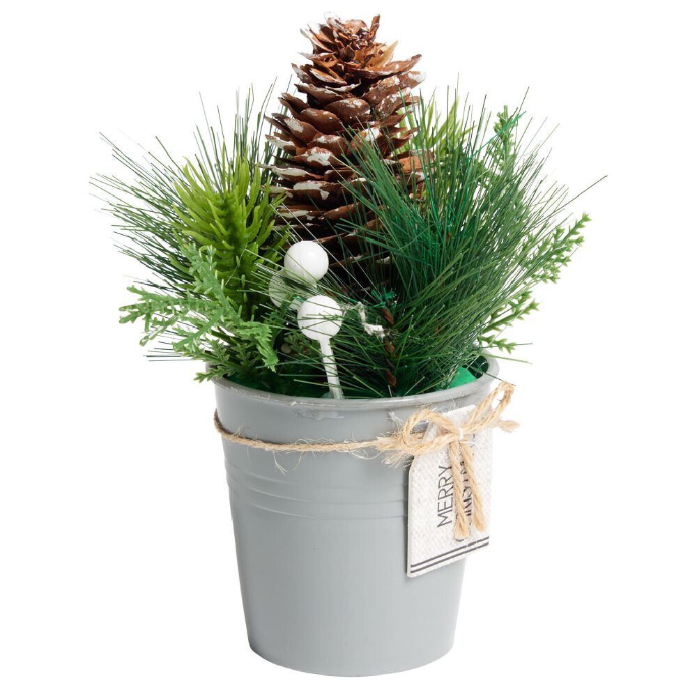 Décoration branche de pin dans pot gris Ø8xH10cm