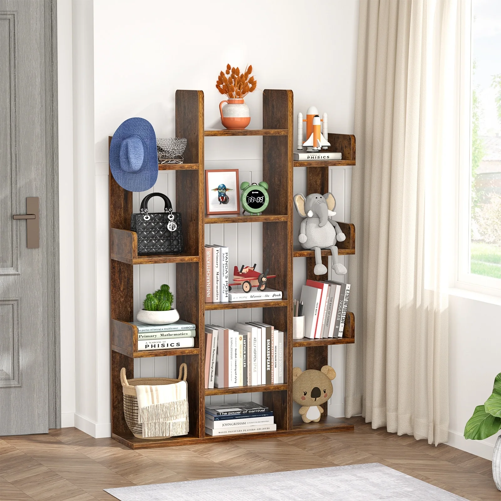 Industrial Wood Bookshelves with 13 compartments,Tree-Shaped Bookcase,Books Organizer Display Shelves