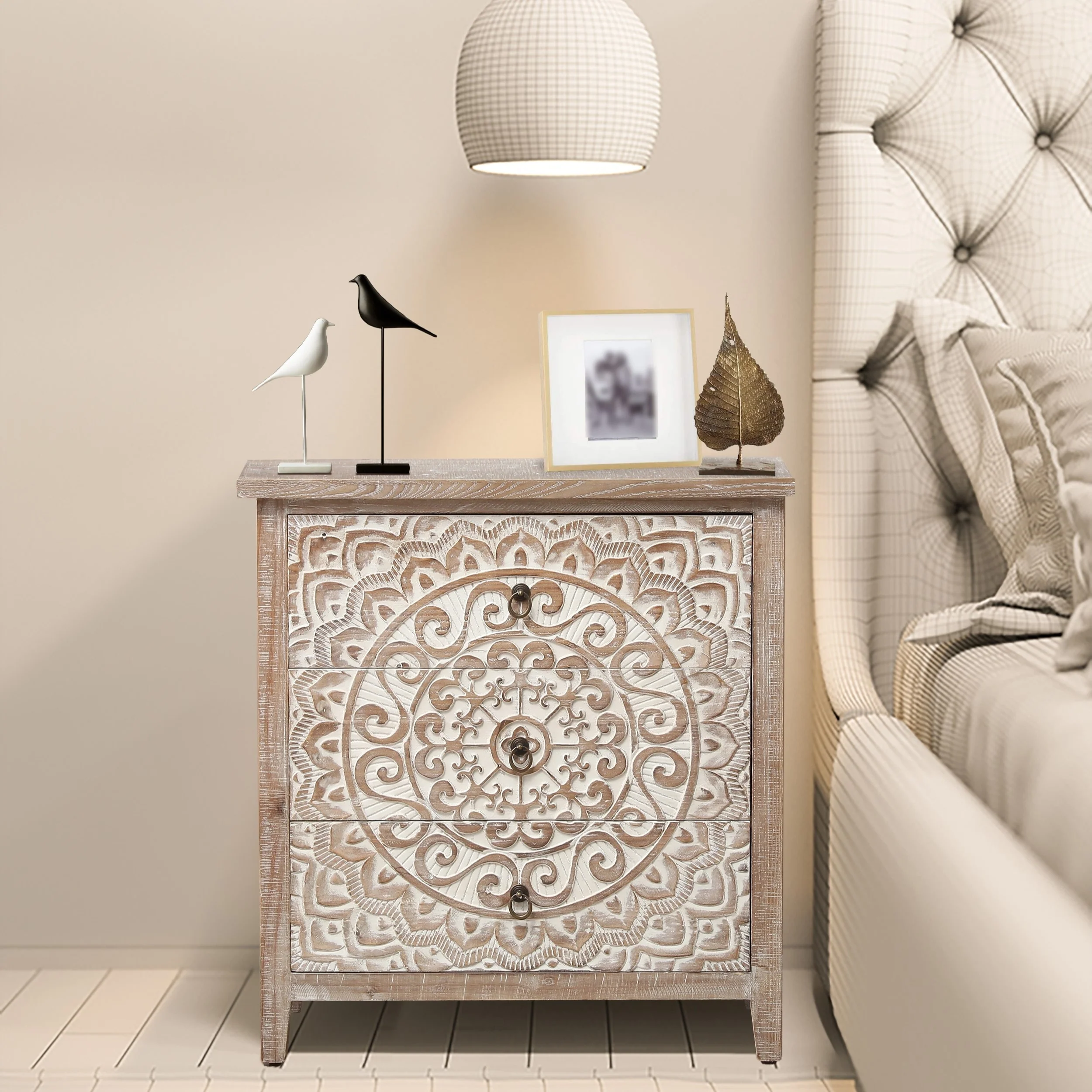 Rustic Natural and Whitewashed Wood Floral 3-Drawer Chest - 30.5 H x 28.5 W x 14.25 D