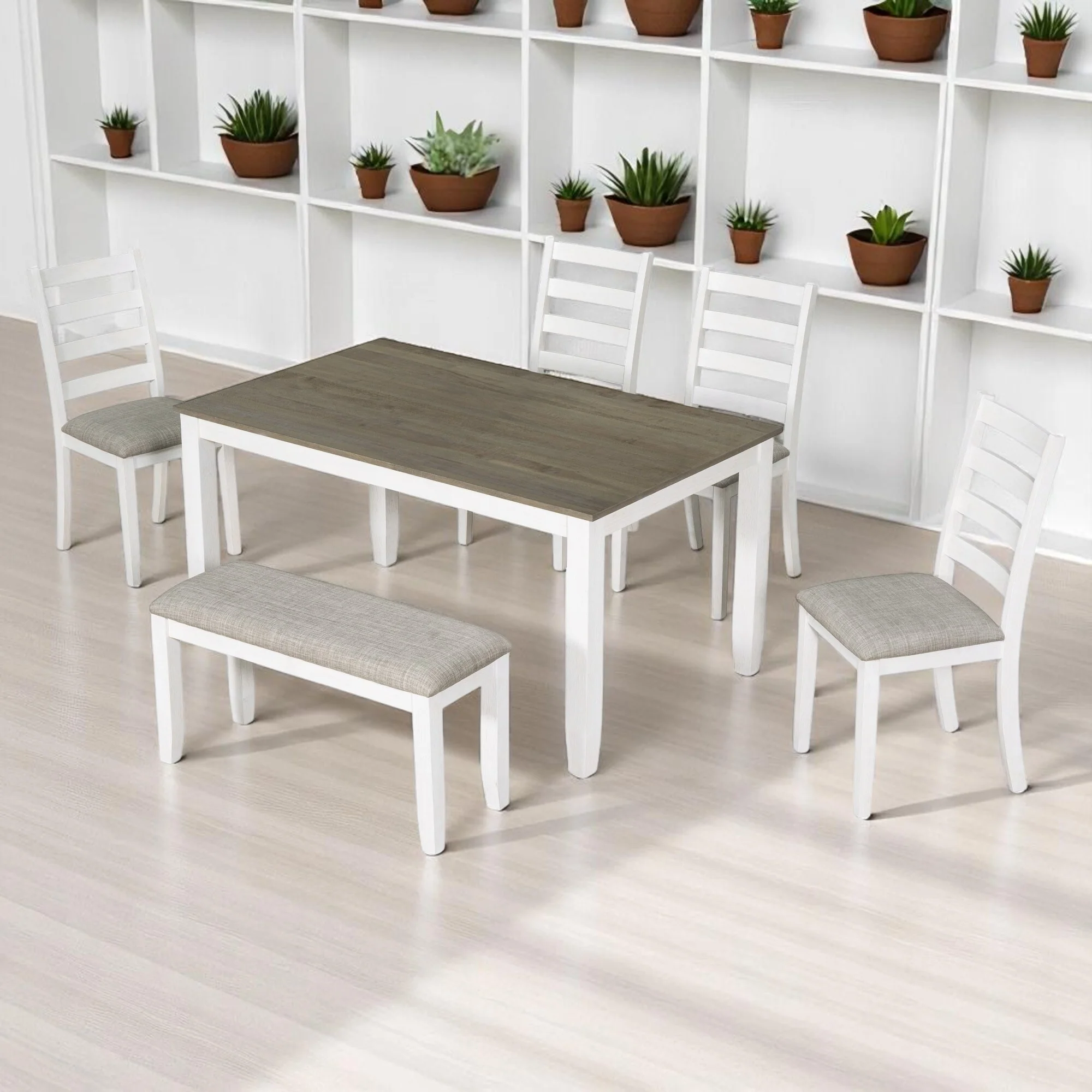 Rustic 6-Piece Dining Table Set with 4 Ergonomic Chairs & Bench, Solid Wood Distressed Farmhouse Design for Dining Room