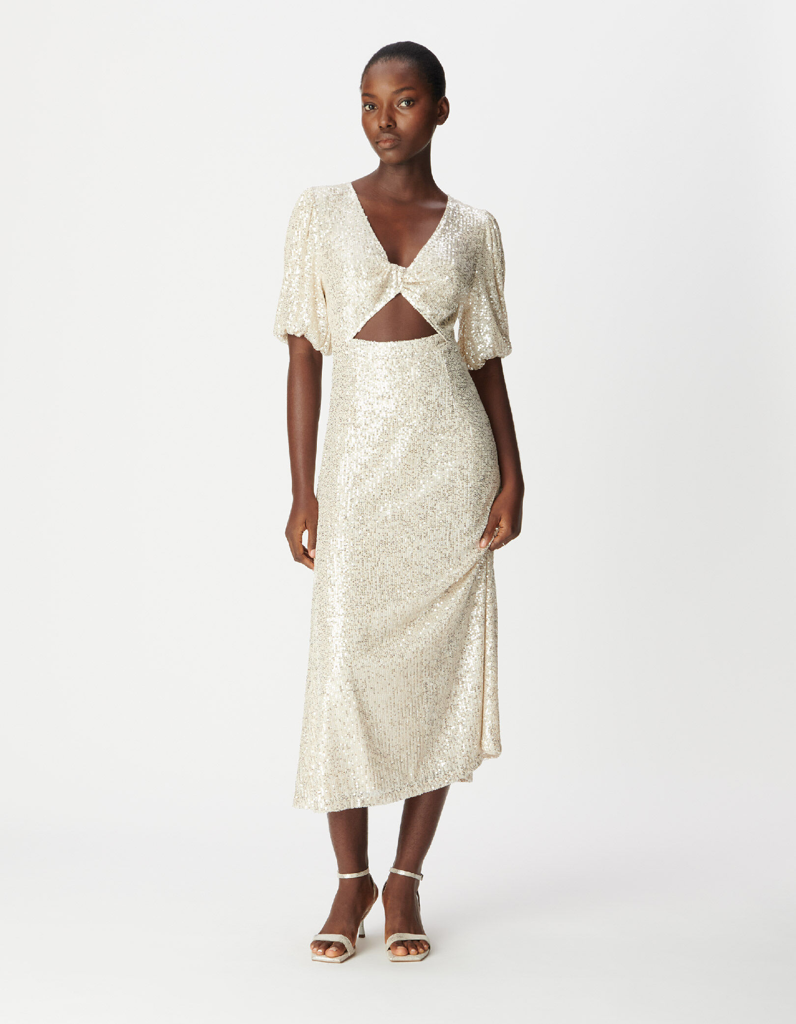 Robe dorée brodée sequins noeud devant Femme