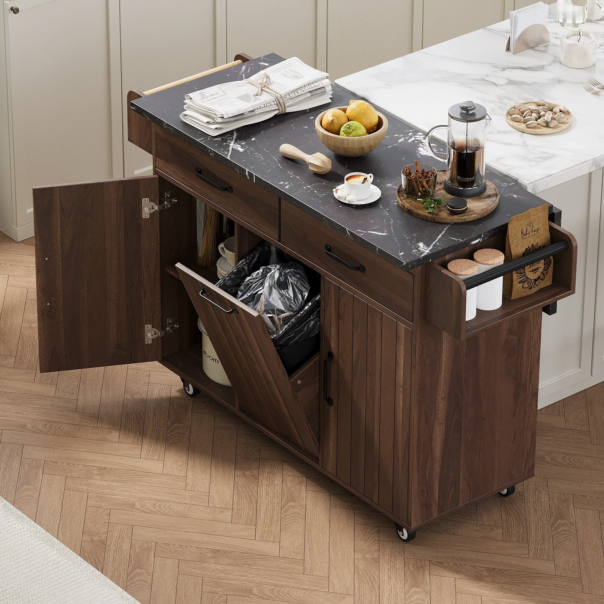 Roomfitters Kitchen Island with Trash Can Storage Cabinet, Drop Leaf, Spice Rack, Rolling Island on Wheels