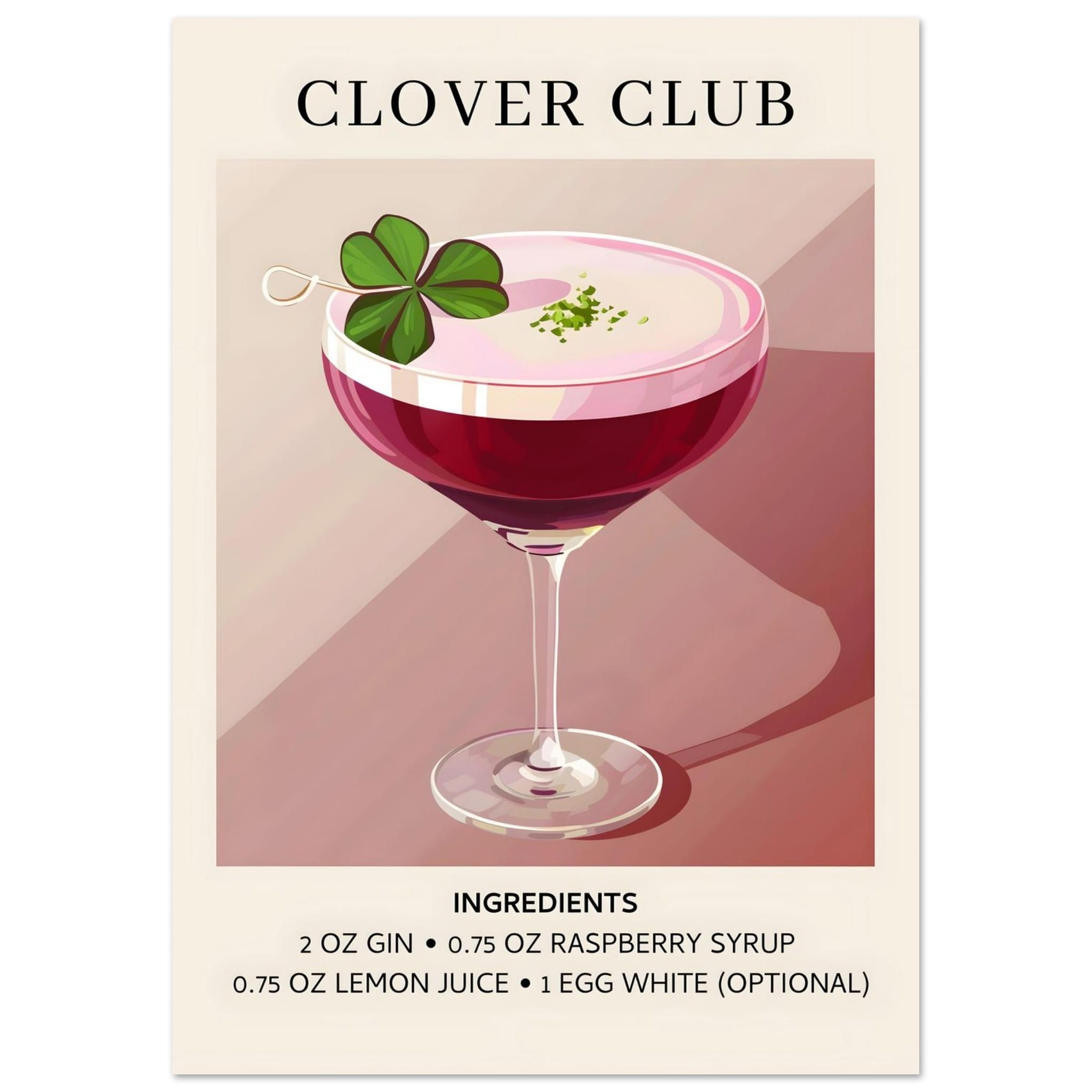 Artfulprints Poster Clover Club cocktail - Ingrediënten  - A4 21x29.7 cm - Roze