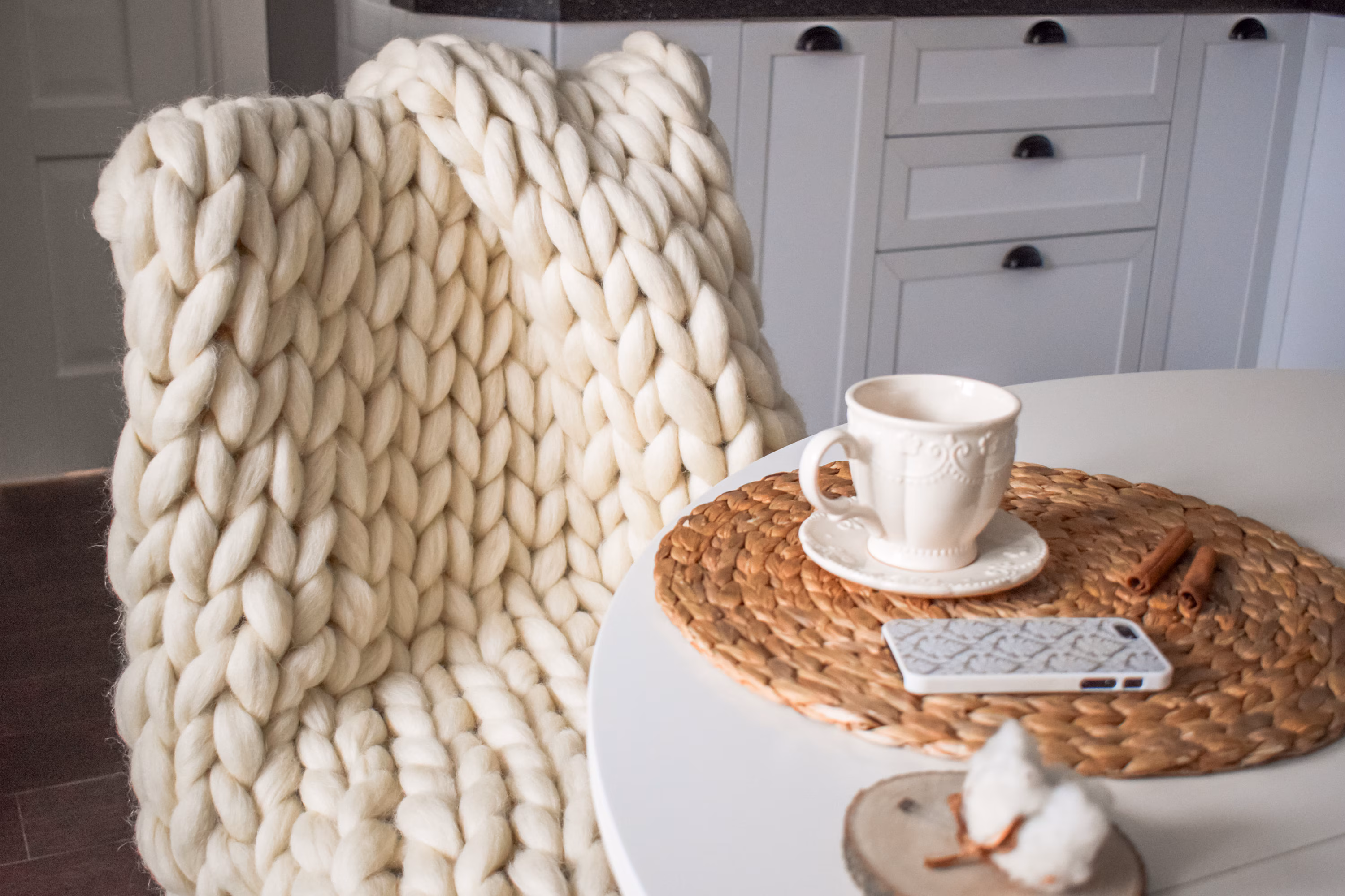 Ivory Chunky Knit Merino Wool Blanket: USA Handmade Throw (40x63)