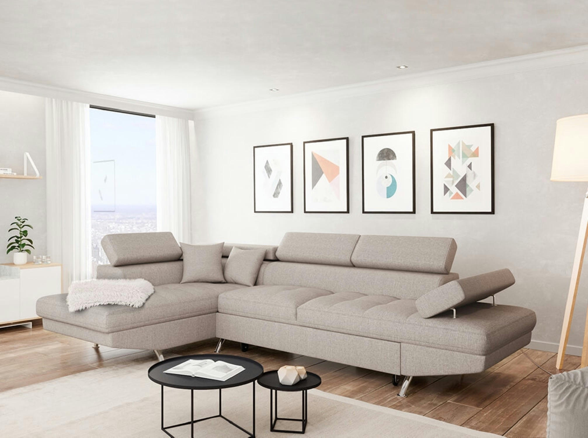 RIO - Canapé angle gauche convertible avec coffre en tissu - Beige