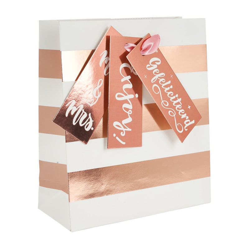 Cadeautasje ros&eacute;goud - stripes - 18x21 cm