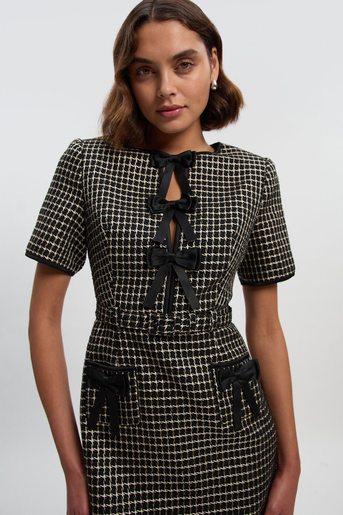 KarenMillen Petite Tailored Tweed Bow Detail Mini Dress