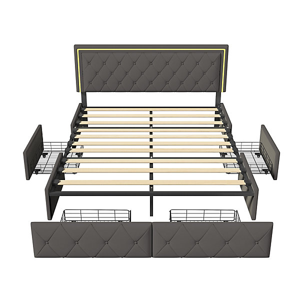 Lit avec Rangement avec éclairage LED, PU Cuir 4 Tiroirs Lit Capitonné avec sommier Gris, 140X200CM