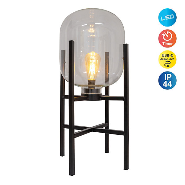Lampe LED sur socle 'LORA' hauteur 58 cm, en métal et verre, en métal noir et verre clair, pour l'intérieur et l'extérieur