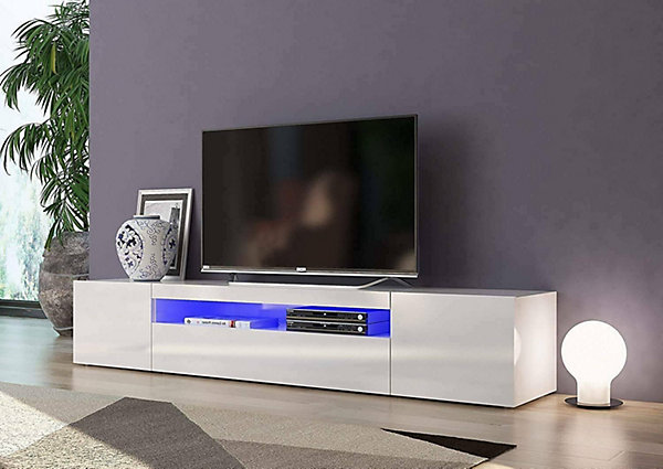 Meuble TV Dafrim, Buffet bas de salon avec 3 portes, Base pour meuble TV, 200x40h37 cm, Blanc brillant, avec lumière LED