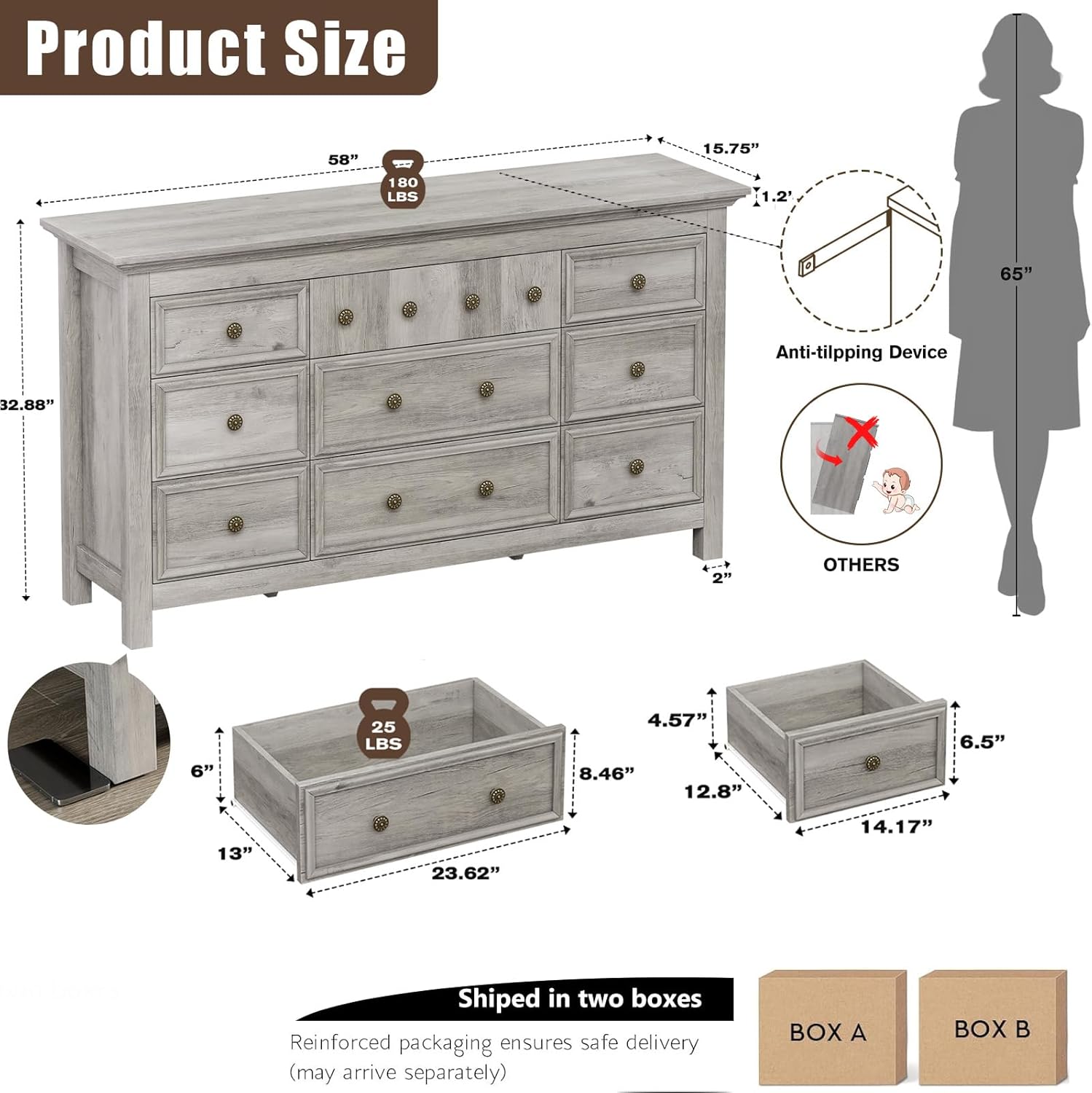 LGHM Dressers for Bedroom with 9 Drawers, 9 Drawer Dresser with Textured Borders, 58 W Chest of Drawers Closet Organizers and Storage Clothes - 6 Deep Drawer for Bedroom, Living Room,Gray