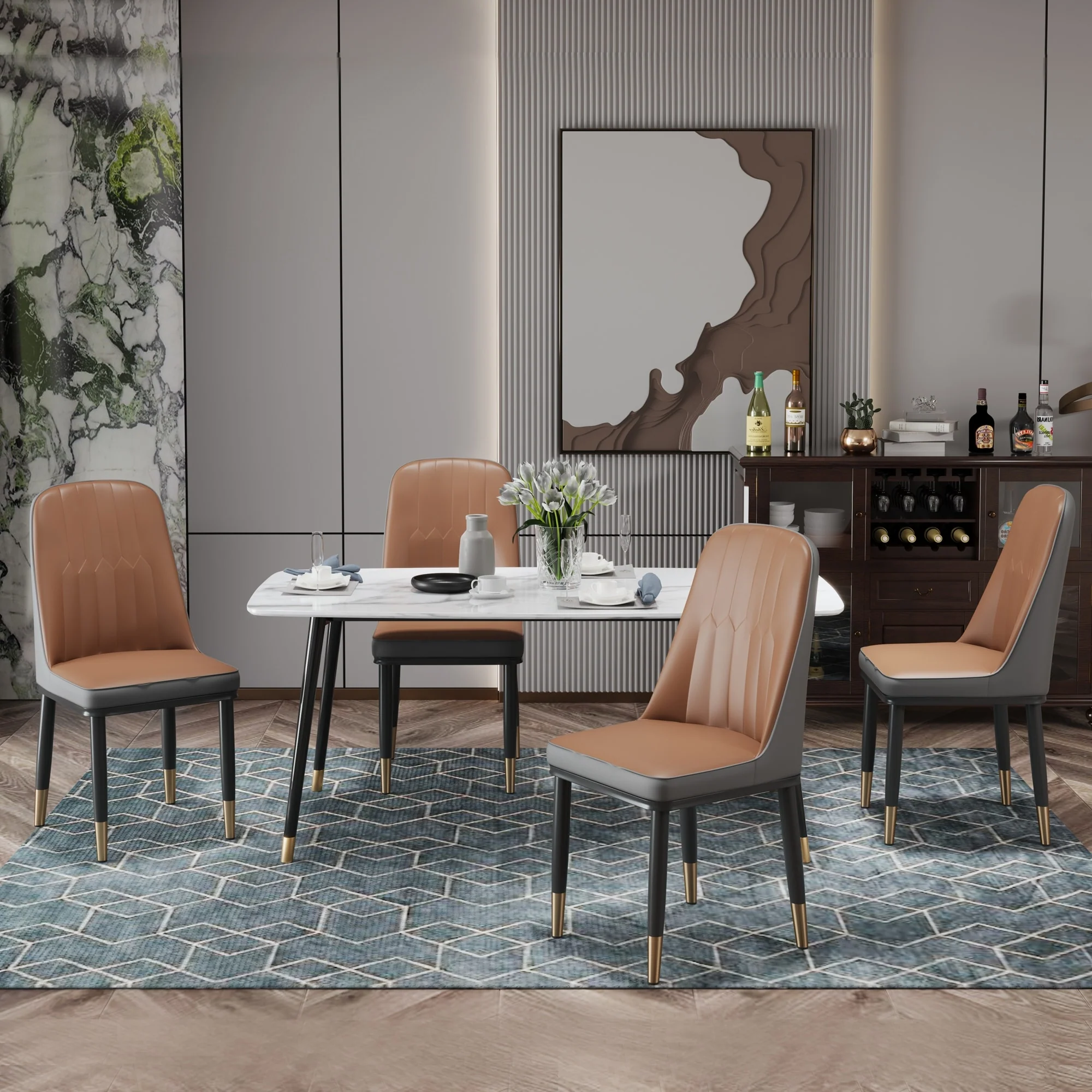 PU Dining Chair With Iron Metal Gold Plated Legs, Set of 4 - N/A