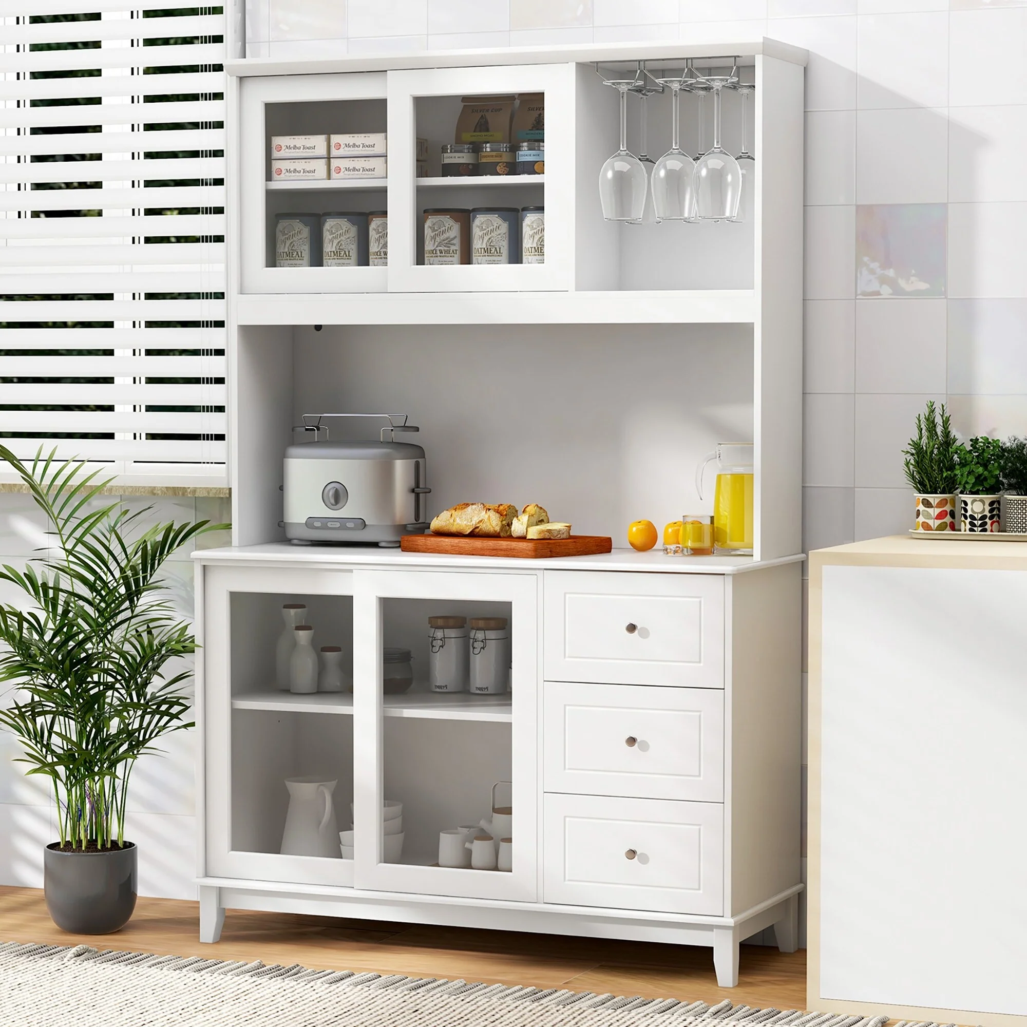 Gymax Kitchen Pantry Storage Cabinet Kitchen Hutch w/ LED lights &