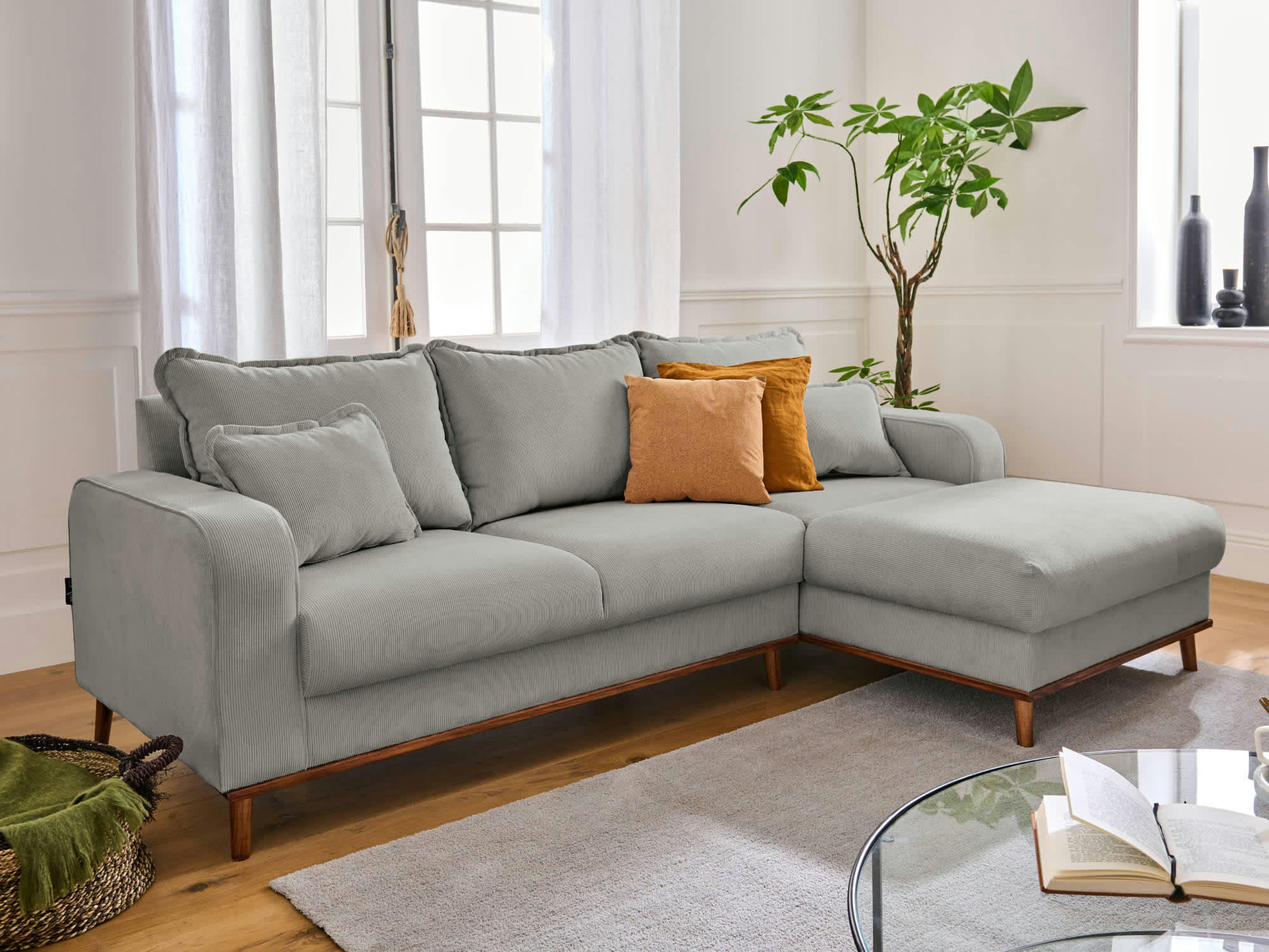 BILLIE - Canapé d'angle droit 4 places en velours côtelé gris clair