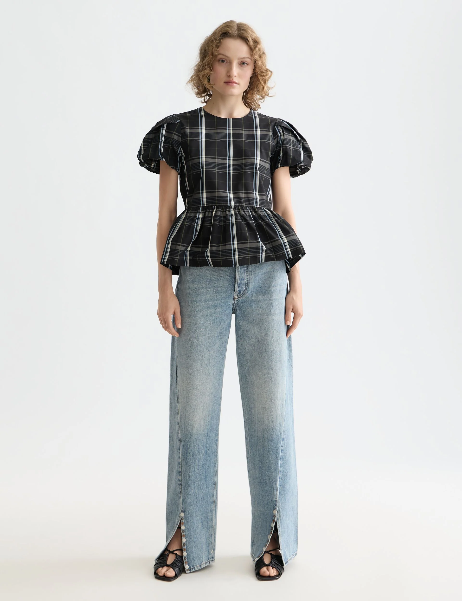 Cap sleeve taffeta top with peplum