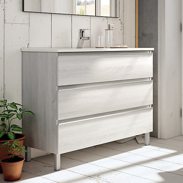 Ensemble meuble de salle de bain 100cm simple vasque   colonne de rangement PALMA - hibernian (bois blanchi)