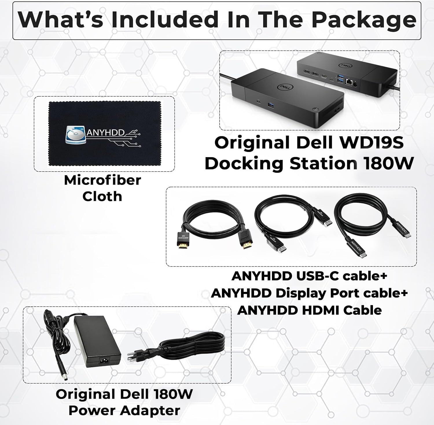 Dell WD19S Docking Station Dual Monitor Bundle - 180W  Supports 4K Display  Dell Dock with 180W Power Supply + Anyhdd 4K HDMI Cable + 4K DisplayPort Cable + USB-C Cable + Microfiber Cloth Included