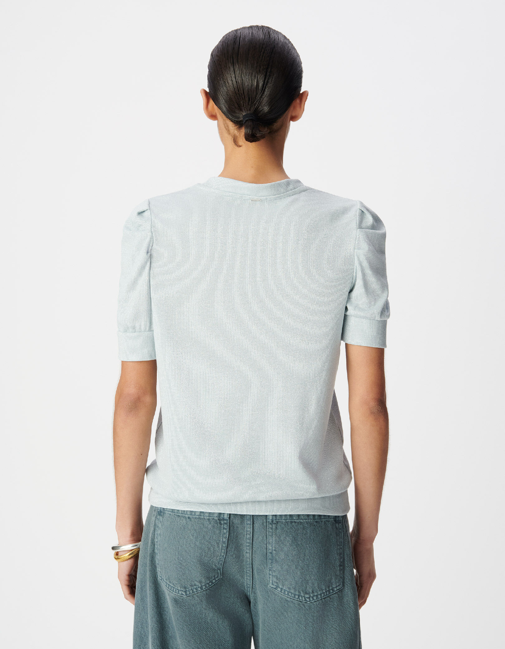 Tee-shirt col rond vert pailleté manches froncées Femme