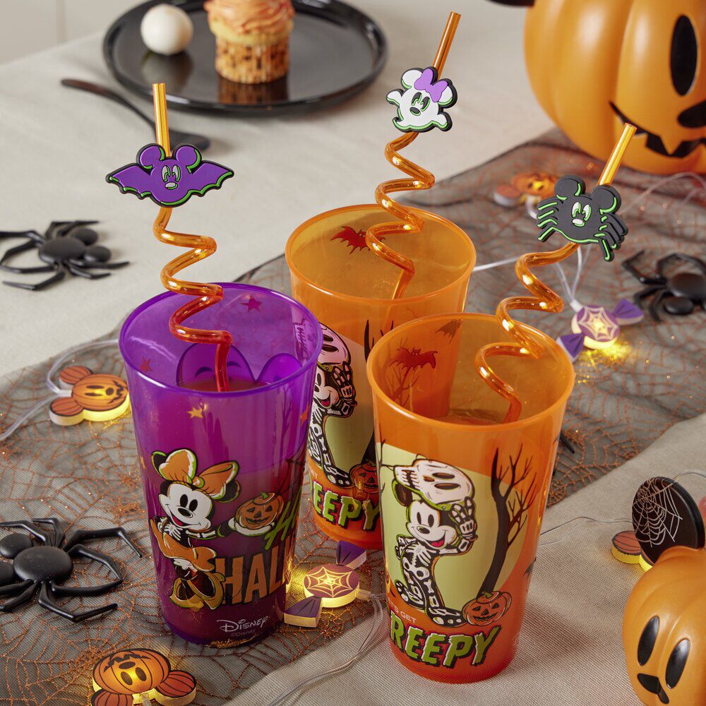 Paille Halloween Disney Mickey x4 plastique torsadé orange L27,5cm