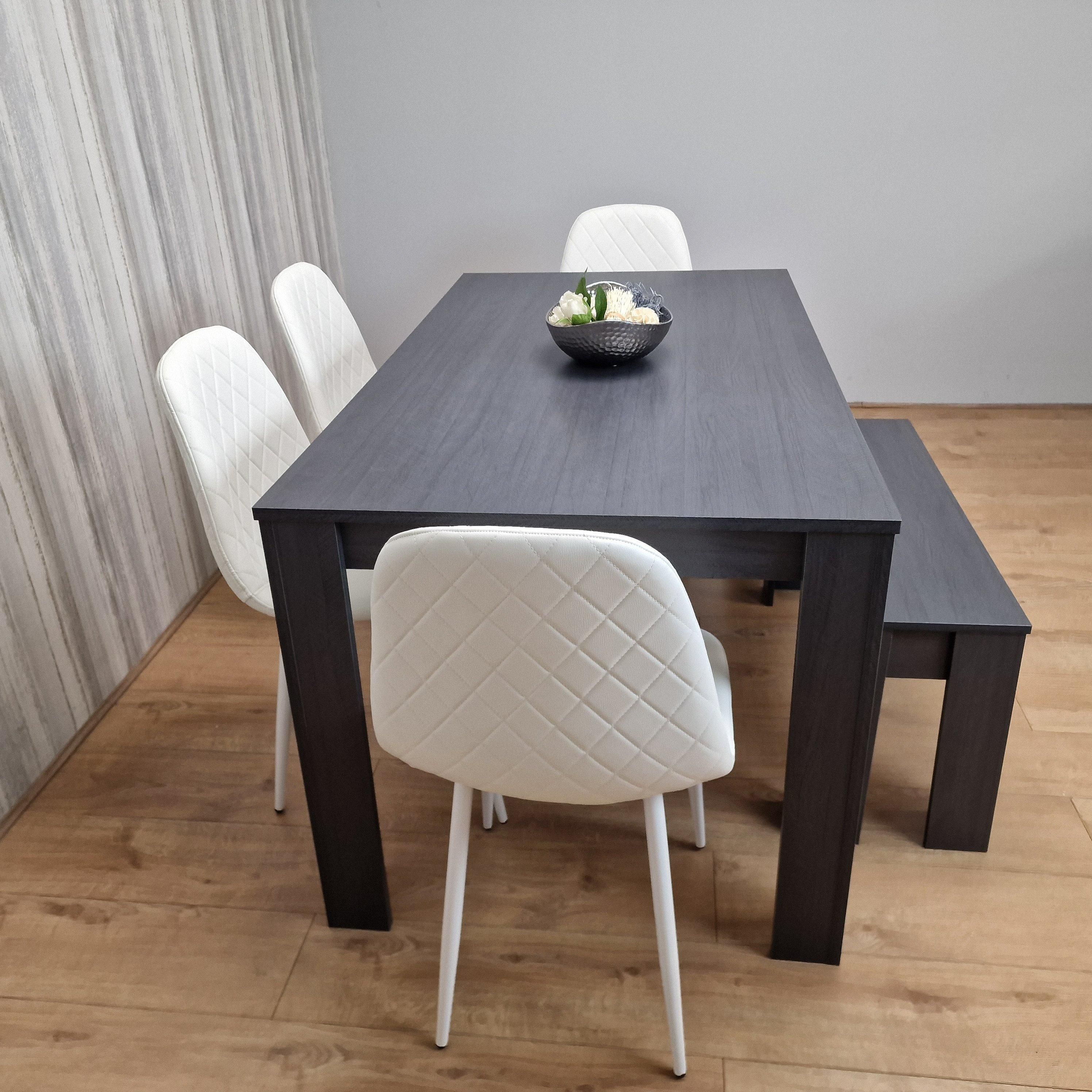 KOSY KOALA Grey Dining Table With 1 Bench and 4 Diamond Stitched White Chairs
