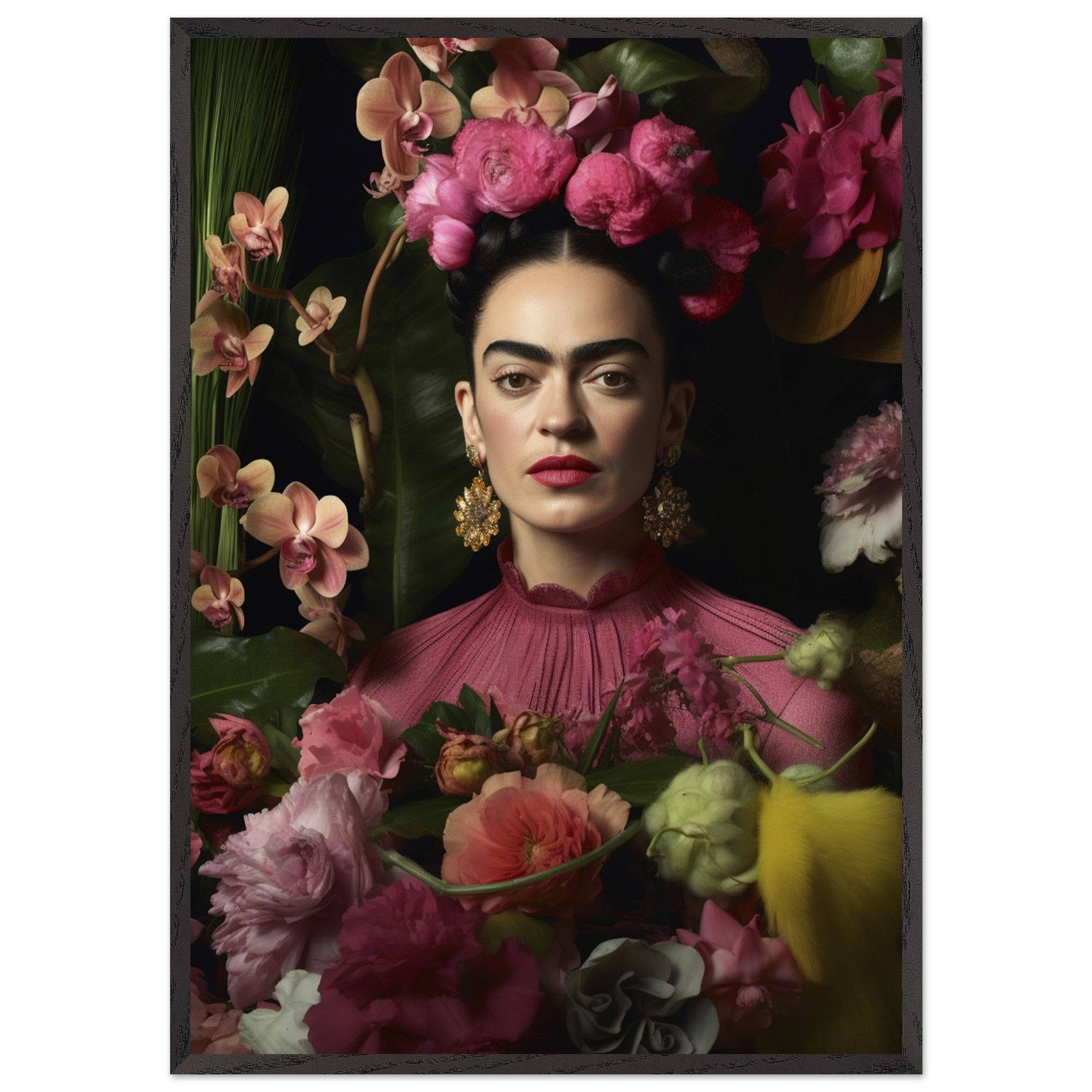Artfulprints Poster met Lijst Frida Kahlo - Floral portrait  - 70x100 cm - Roze