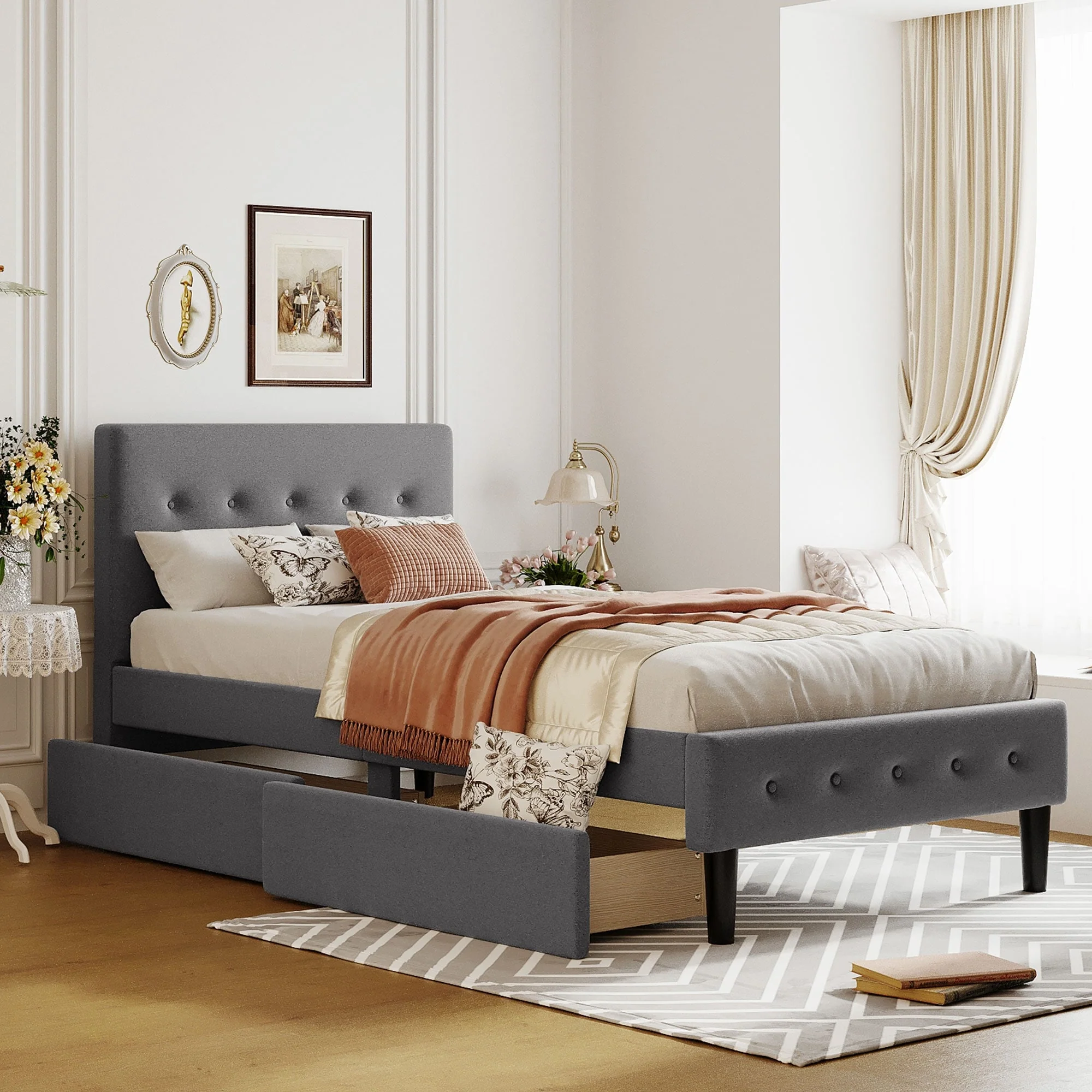 Twin Size Upholstered Platform Bed with Button Tufted Headboard and 2 Drawers