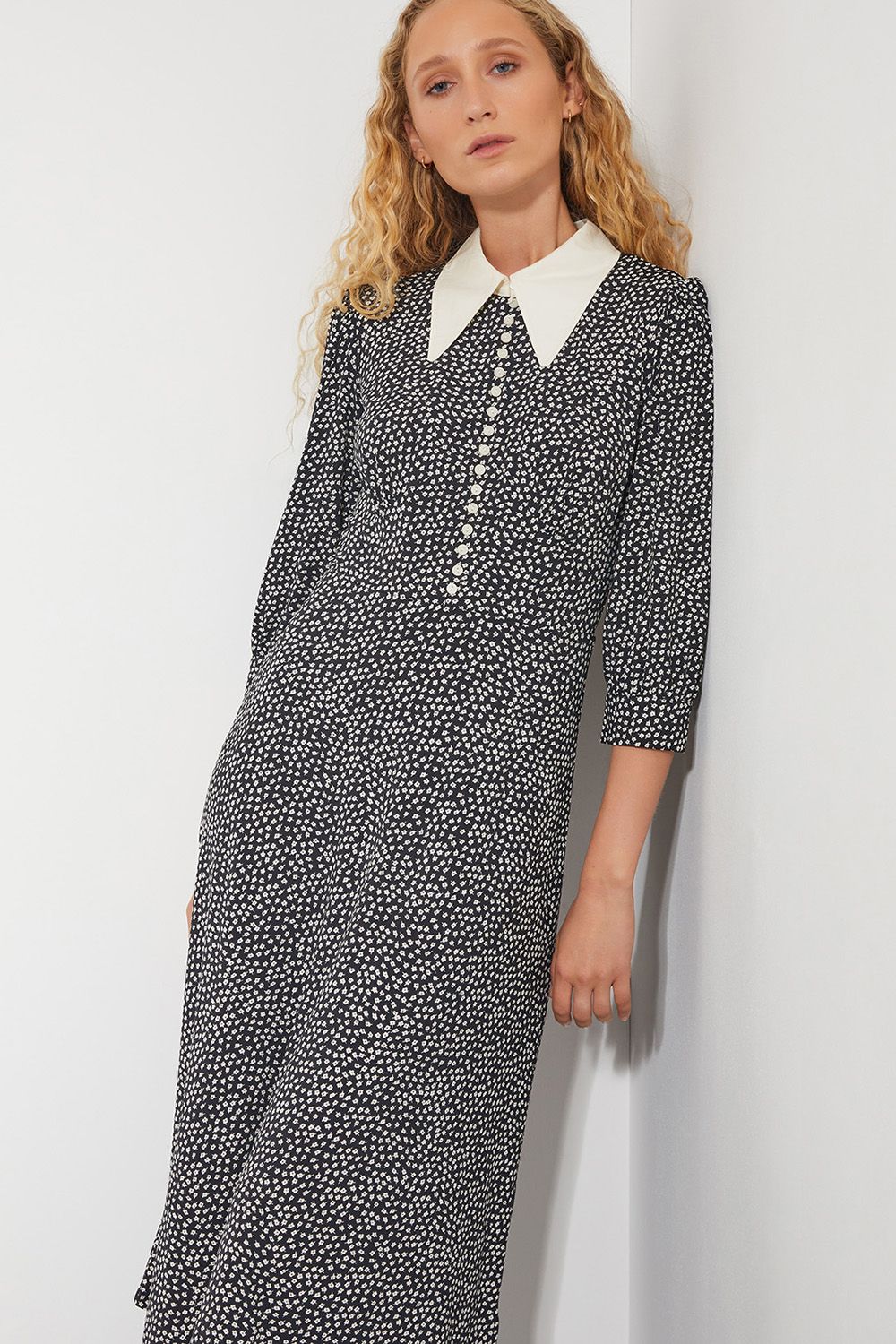 Monsoon Arielle Floral Print Jersey Midi Dress Black
