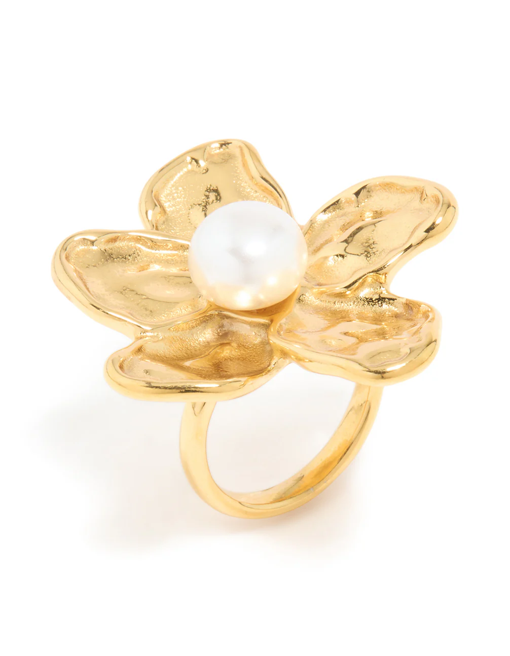 Waterproof Gold Plated Stainless Steel Large Flower Pearl Ring