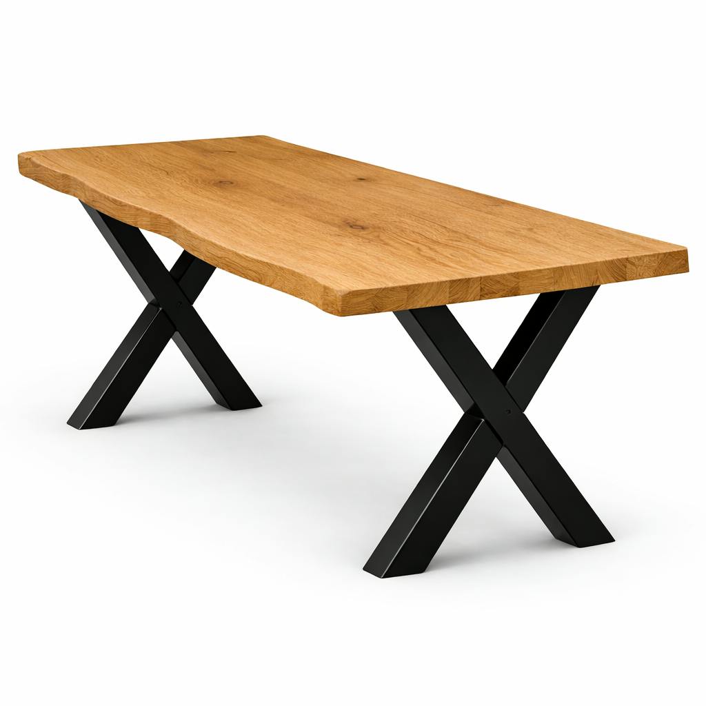 Table extensible chêne huilé bords naturels pieds en X 220 cm PALERME