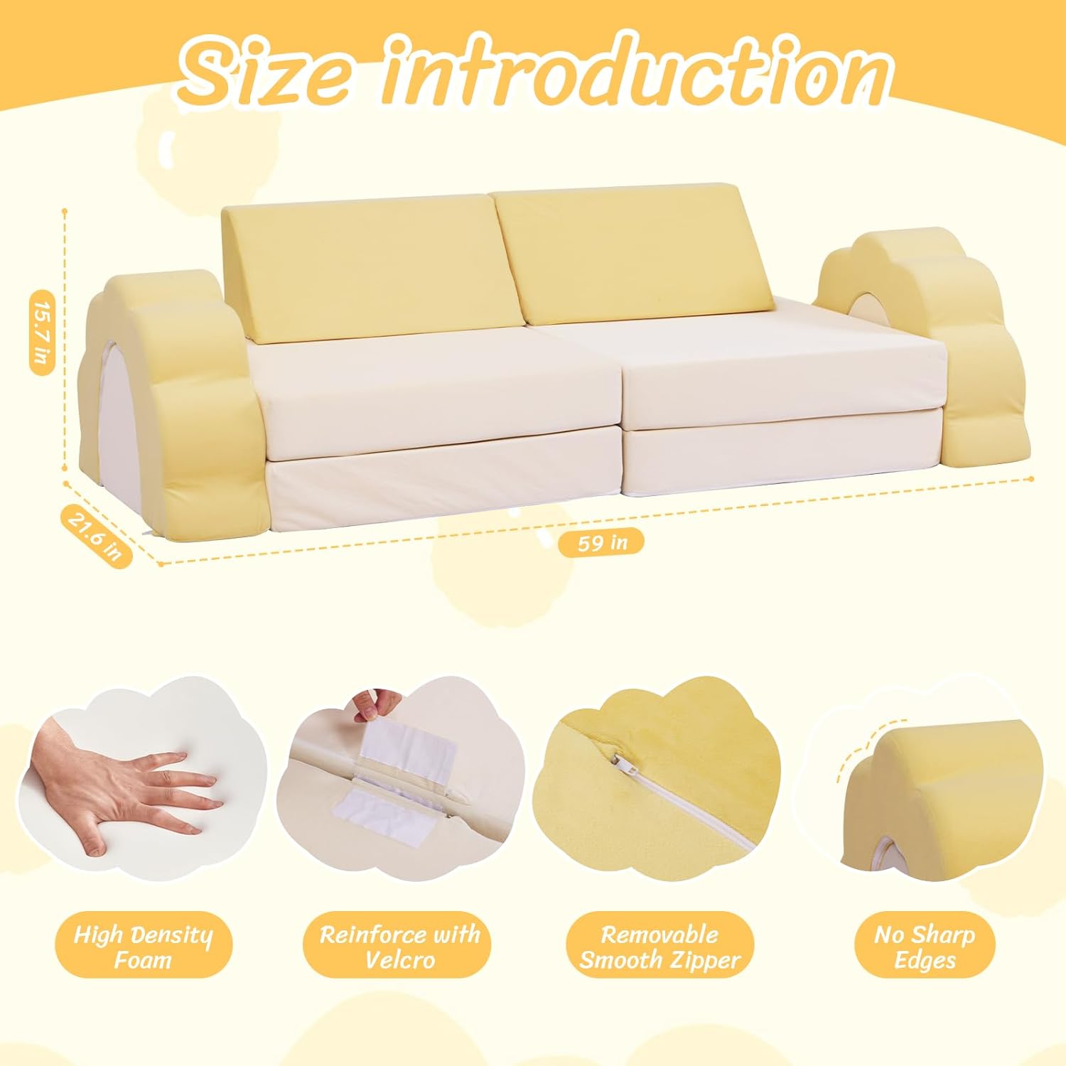 LOAOL Kids Couch 10PCS, Modular Kids Play Couch, Multifunctional Foam Toddler Sofa, Imaginative Convertible Play Sofa for Playroom(Medium Size, Yellow+Beige)