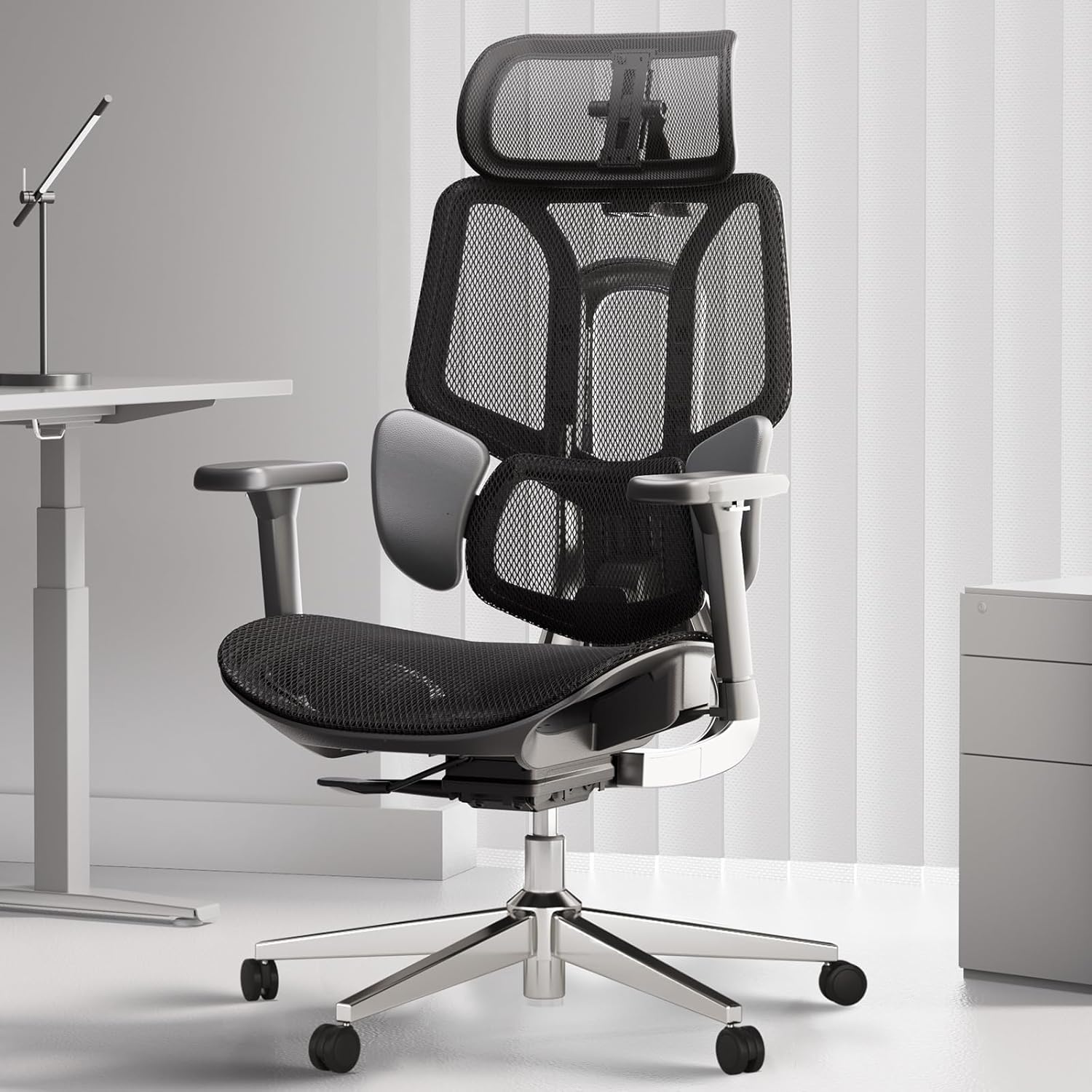 Hbada E3 Air Ergonomic Office Chair, Big and Tall Office Chair - with 3-Zone Dynamic Lumbar Support, 3D Adjustable Headrest, 3D Adjustable Armrests, Swivel Computer Chair, Black(No Footrest)