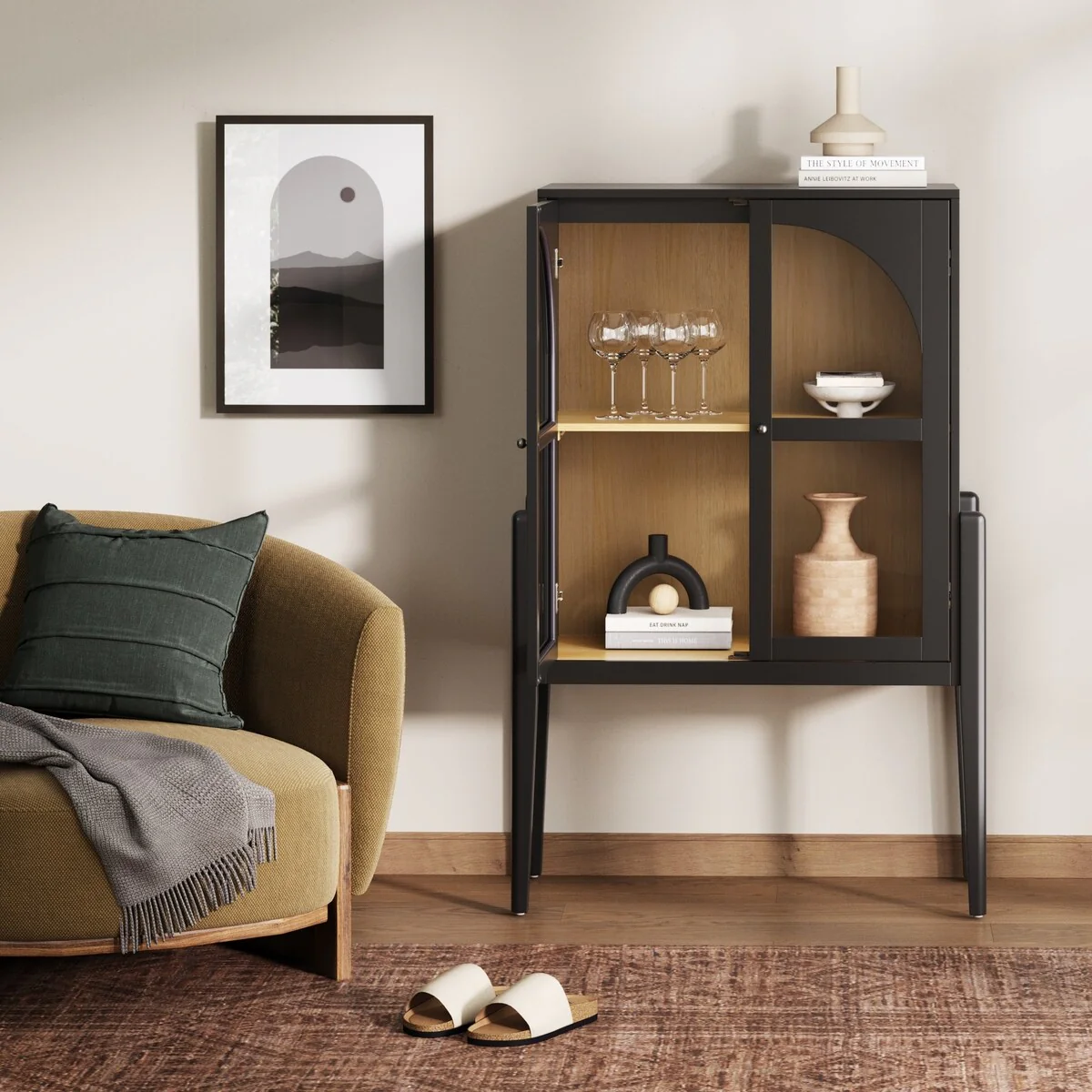 Shadow Mid-Century Modern Credenza or Sideboard Cabinet with Glass Doors, Kitchen Pantry Storage Cabinet with Wooden Frame
