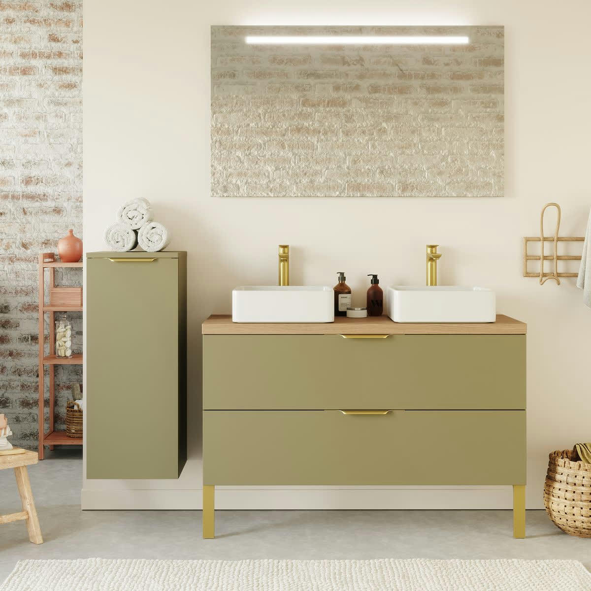 VENICE - Meuble salle de bain 2 vasques posées 120cm 2 tiroirs Vert