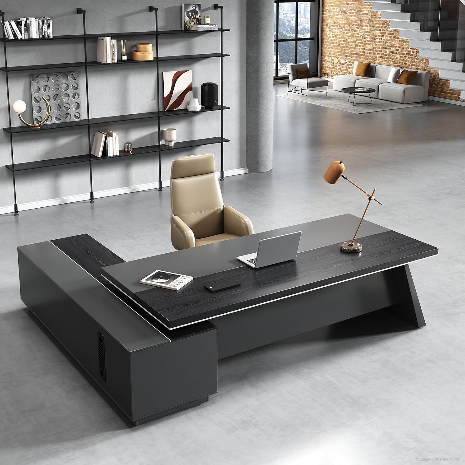 Modern L Shape Executive Desk with Storage Drawers – Large Black Corner Office Desk for Home Workspace, Spacious Executive Desk with Cabinets (Black/Right, 87 L * 63 W * 30 H)
