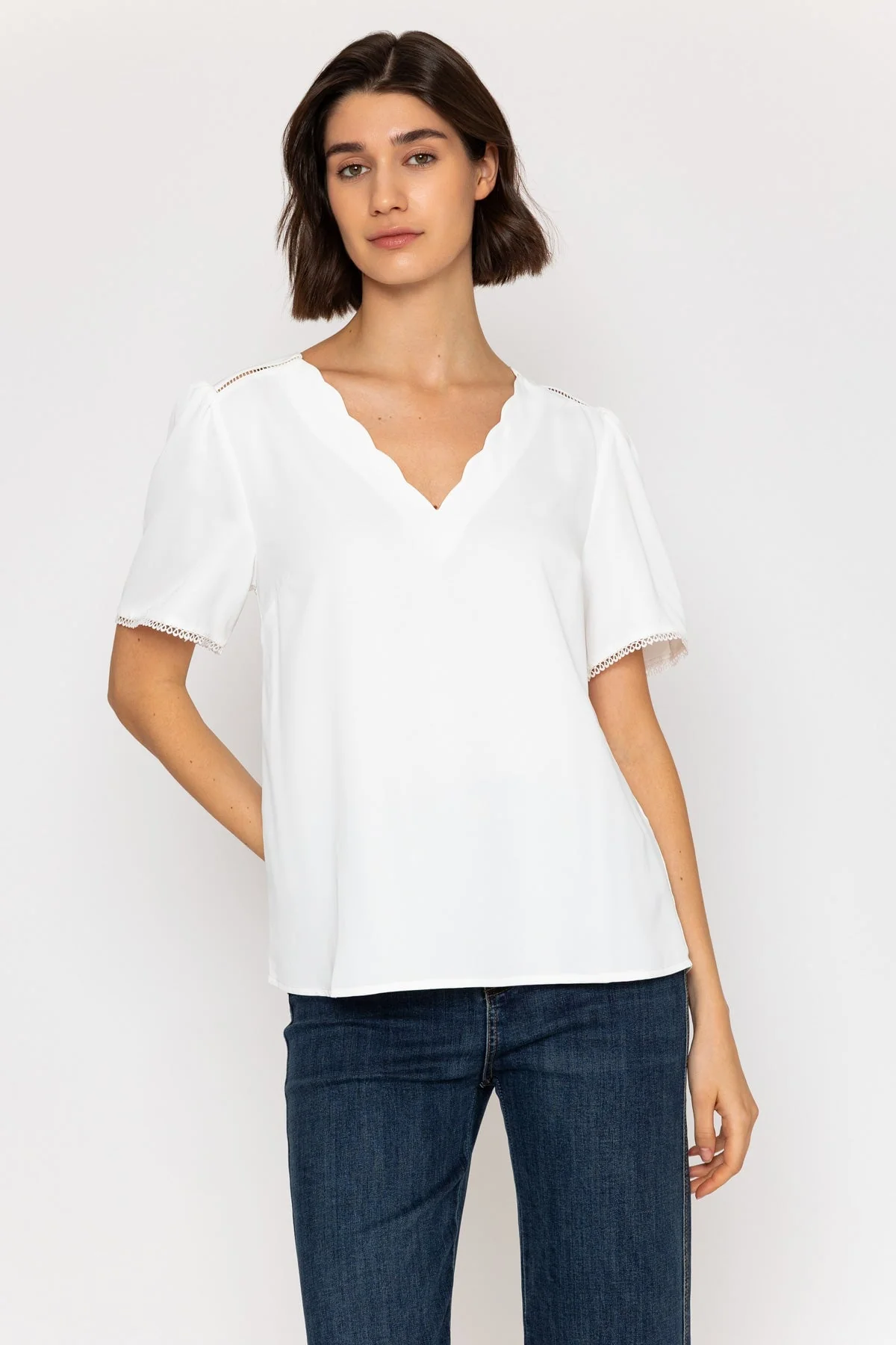 White Short Sleeved Top with Scallop Neck