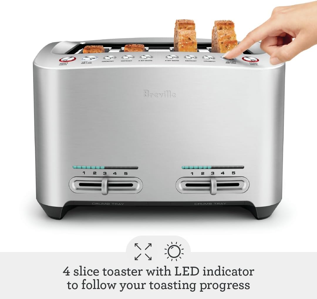 Breville BTA840XL Die-Cast Smart Toaster, 4 Slice, Brushed Stainless Steel