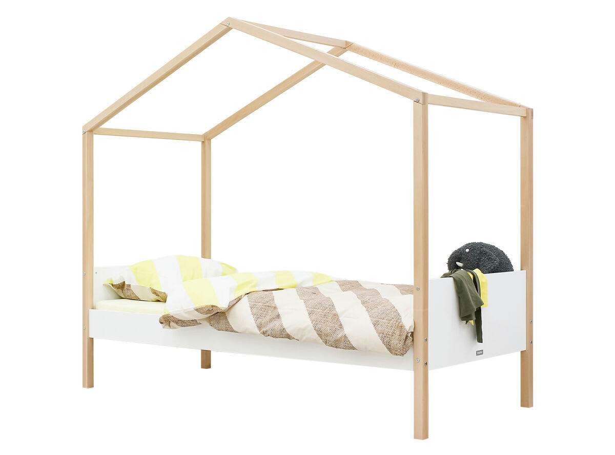 LIAM - Lit maison 90x200 en MDF et hêtre blanc