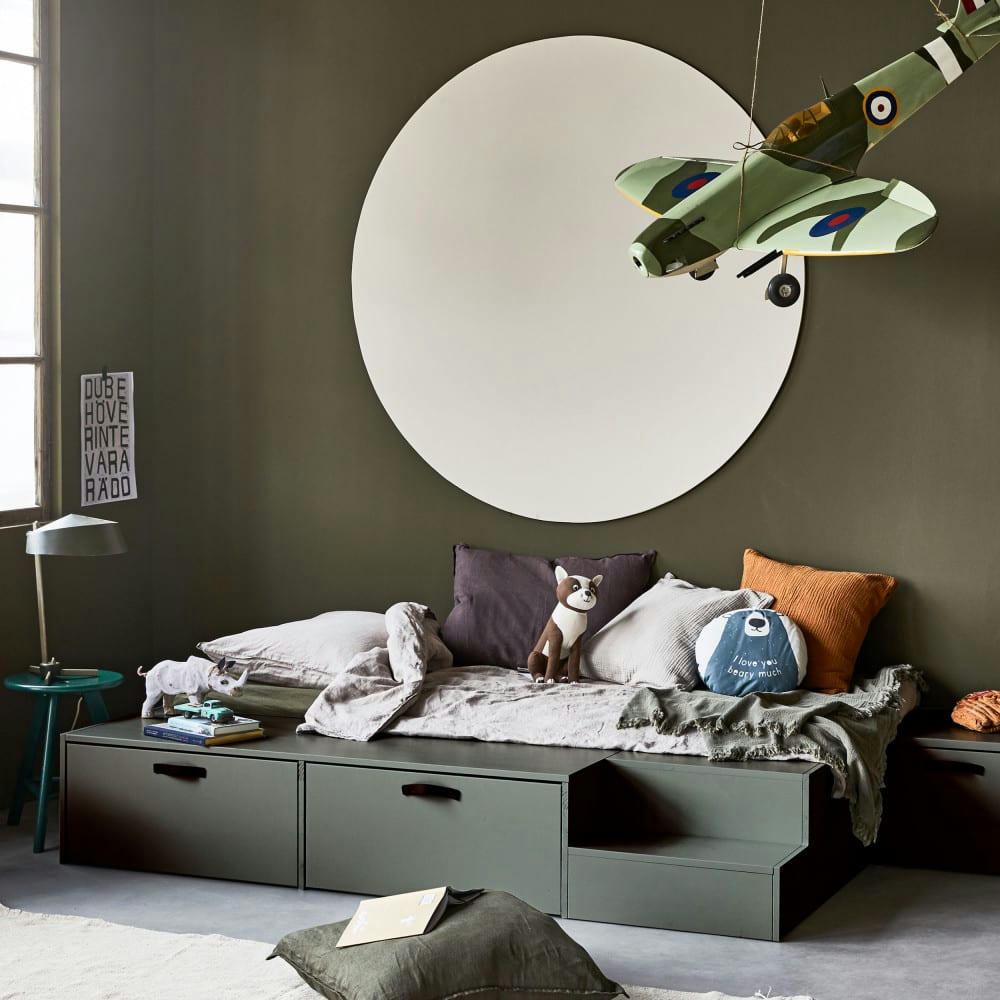 STAGE - Lit avec multiples rangements en bois vert kaki