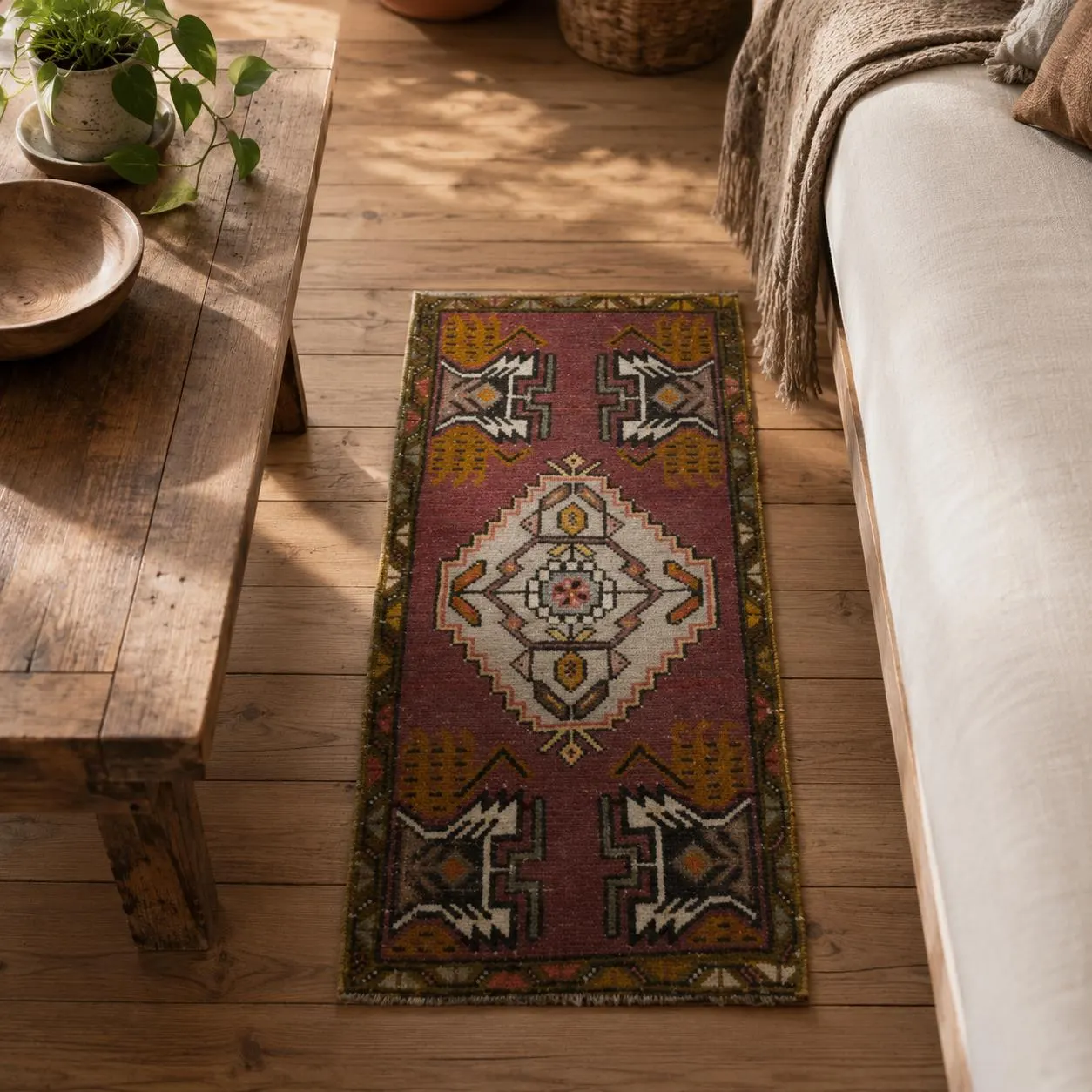 Dusty Rose Vintage Turkish Rug, 19x41 Anatolian Wool Mini Runner, Mustard Geometric Medallion Carpet, Eclectic Entryway Decor