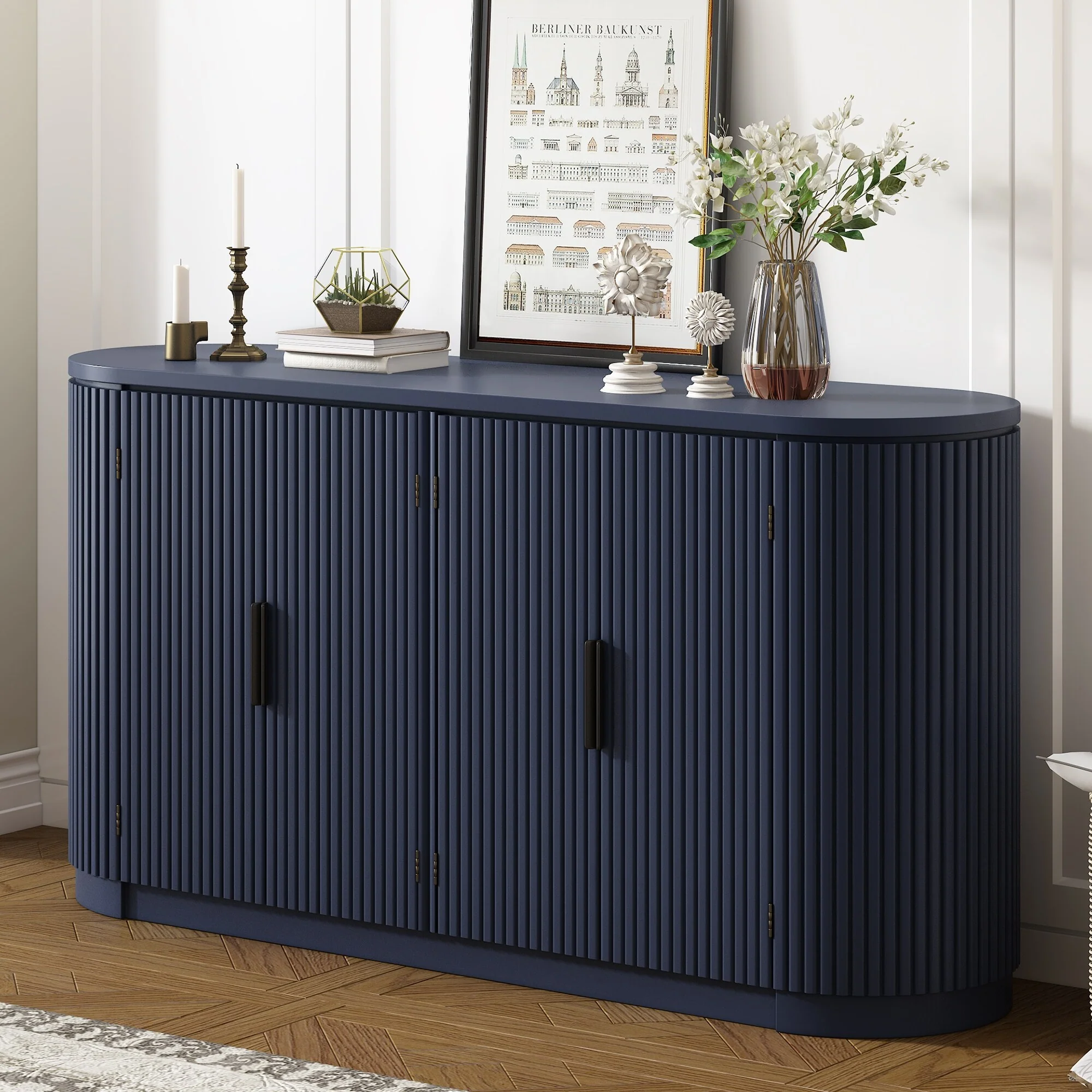 Accent Cabinet with 4 Vertical Striped Door and Metal Handles, Entryway Cabinets Storage Sideboard with Adjustable Shelves