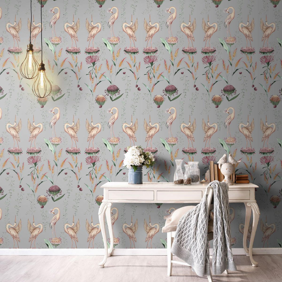 Walls4You behang kraanvogels grijs en roze - 53 cm x 10 m - 640150