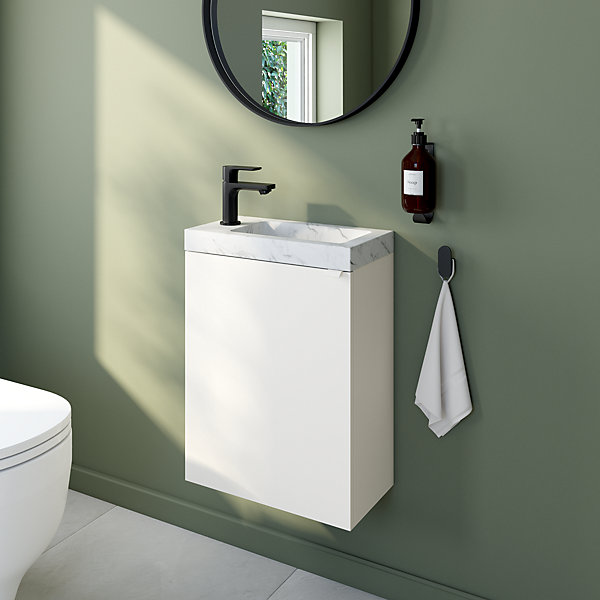 Meuble vasque suspendu blanc mat l.44 cm Imandra   plan vasque effet marbre blanc, GoodHome