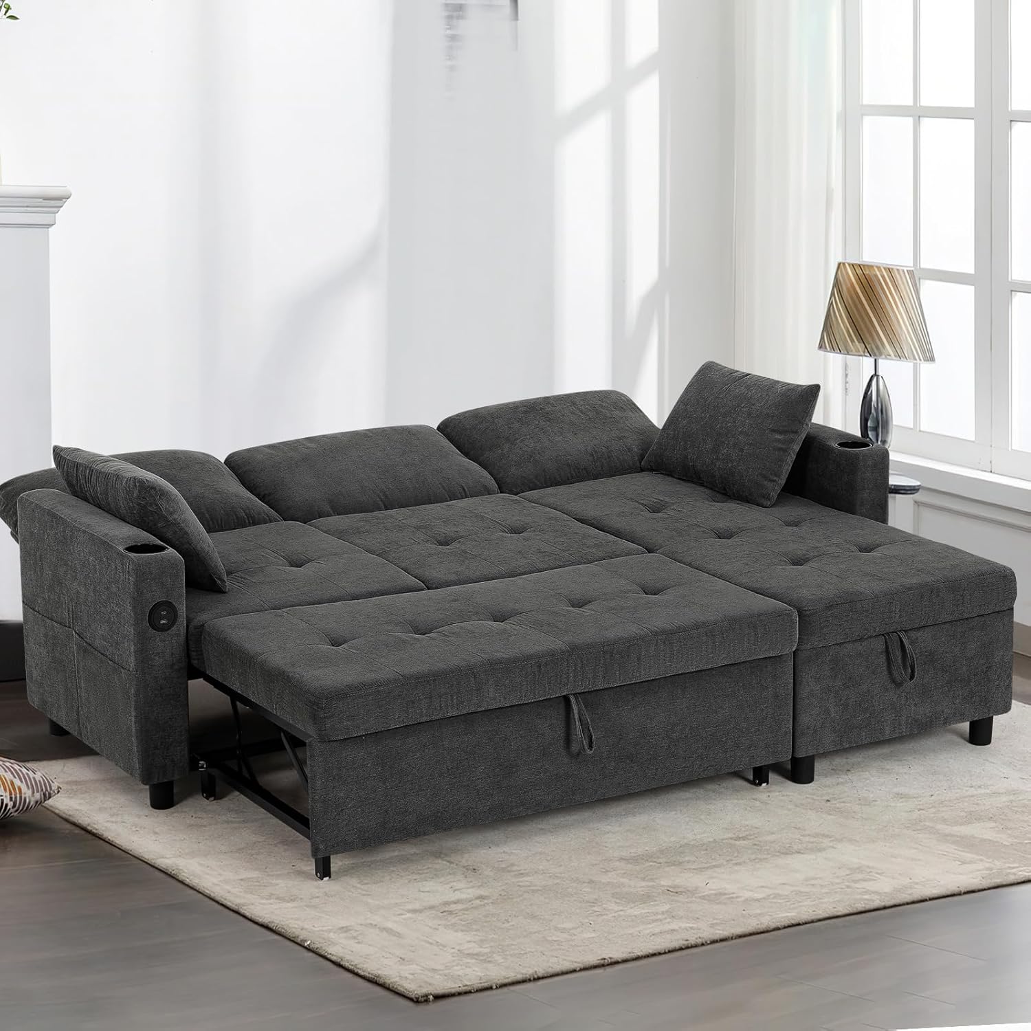 84 L-Shape Pull Out Sofa with 2 Storage Chaise, Fabric Sectional Sleeper Sofa with Adjustable Backrest, Upholstered Reversible Couch Bed with USB Port for Living Room, House, Grey