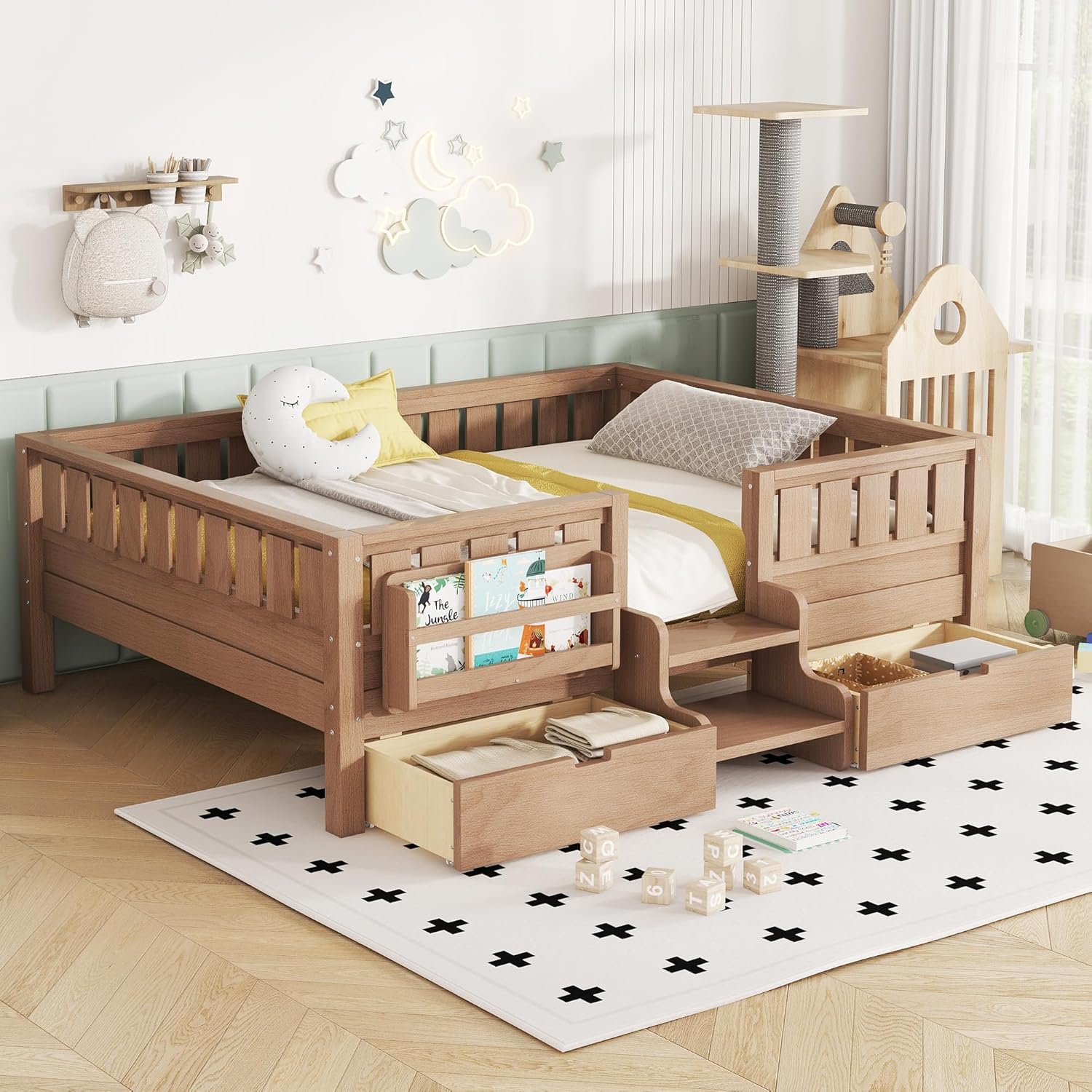 Bellemave Full Size Kids Montessori Bed with Stairs and Bookshelf,Solid Wood Full Size Kids Bed Frame with Drawers and Storage for Girls Boys,Low-Profile,Natural