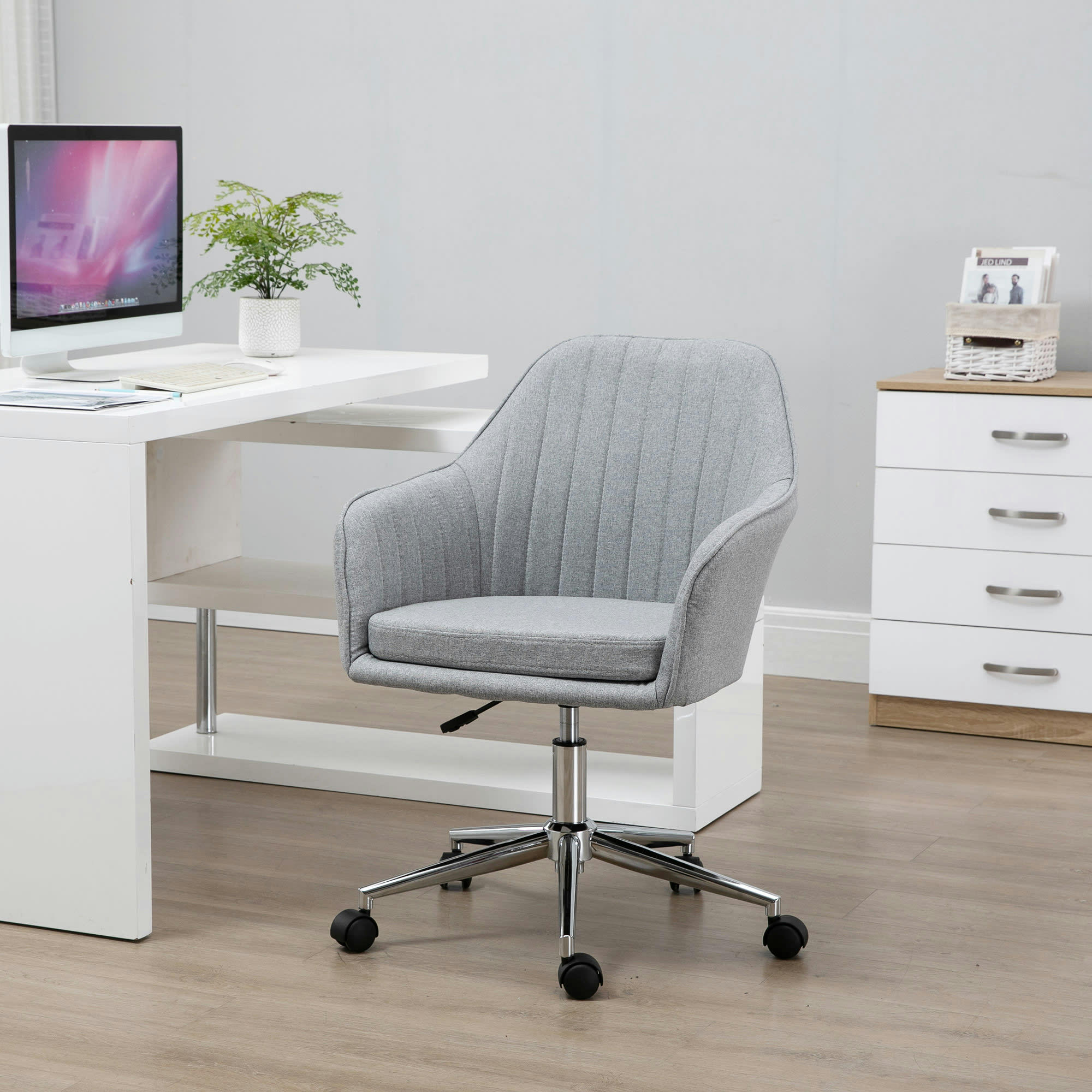 - Chaise de bureau design contemporain piètement chromé lin gris